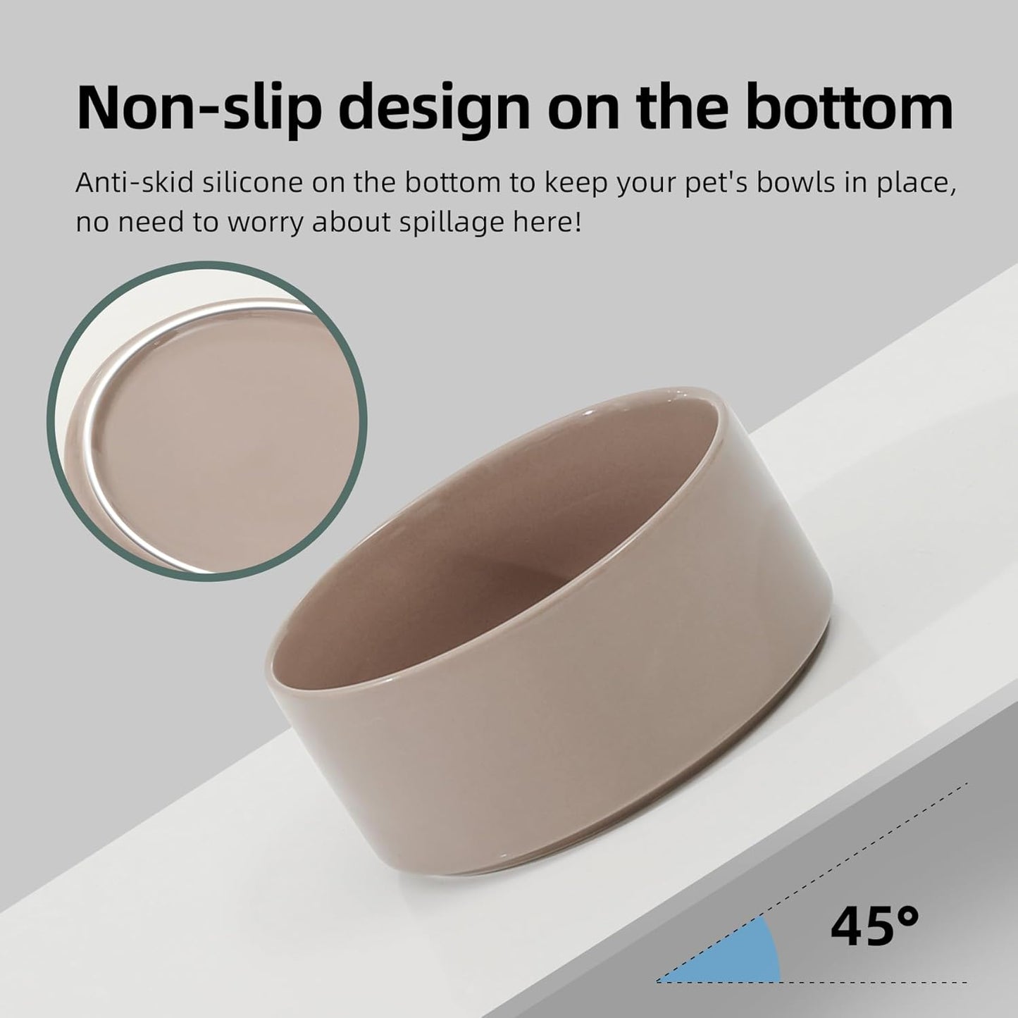 Ceramic 7.3inch Raised Dog Bowl Set, Elevated with Wooden Stand, Food and Water Bowl for Medium Breed Dogs, Weighted Dog Dishes, Pet Feeder(Brown Coffee)