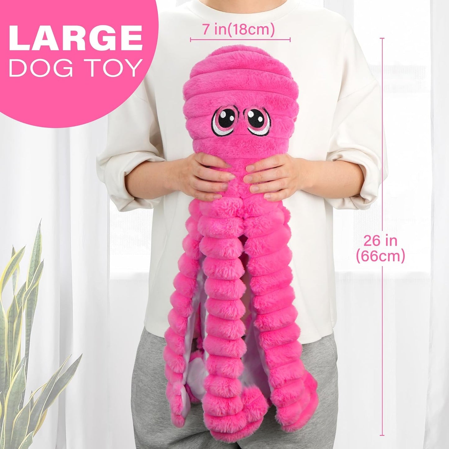 Prime Pets Dog Toys for Large Dogs, 27” Extra Large Plush Octopus Dog Toy, Squeaky Dog Toys, Tug of War Pet Toy for Small Medium Large Dogs, Rose Red