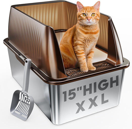 Tripamin 15” XL Stainless Steel Cat Litter Box Enclosure, XXL Stainless Steel High Sides with Lid, Extra Large Metal Cat Litter Box (Translucent Brown, XX-Large)