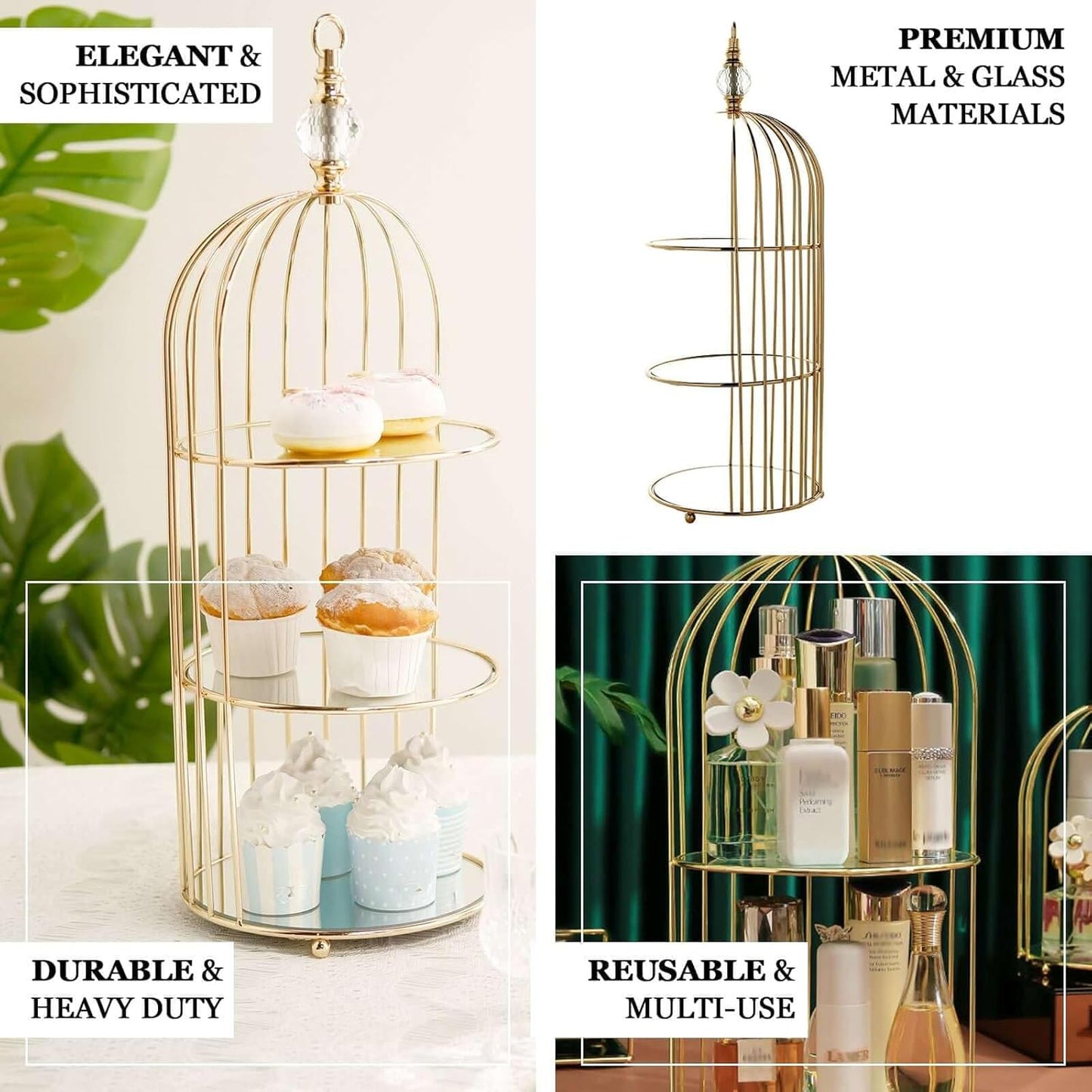 Efavormart 22" - 3 Tier Crystal Mirror Top Gold Metal Bird Cage Cupcake Cake Stand, Dessert Display for Wedding, Party, Birthday, Baby Shower Celebrations, Home Decorations