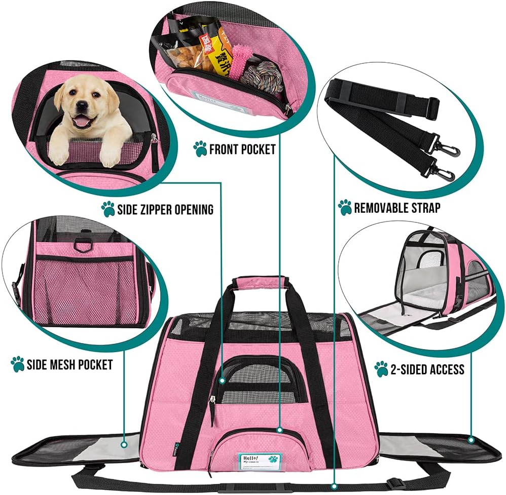 PetAmi Airline Approved Pet Carrier for Cat, Soft Sided Dog Carrier for Small Dogs, Cat Travel Supplies Accessories for Indoor Cats, Ventilated Pet Carrying Bag Medium Large Kitten Puppy, Large Pink