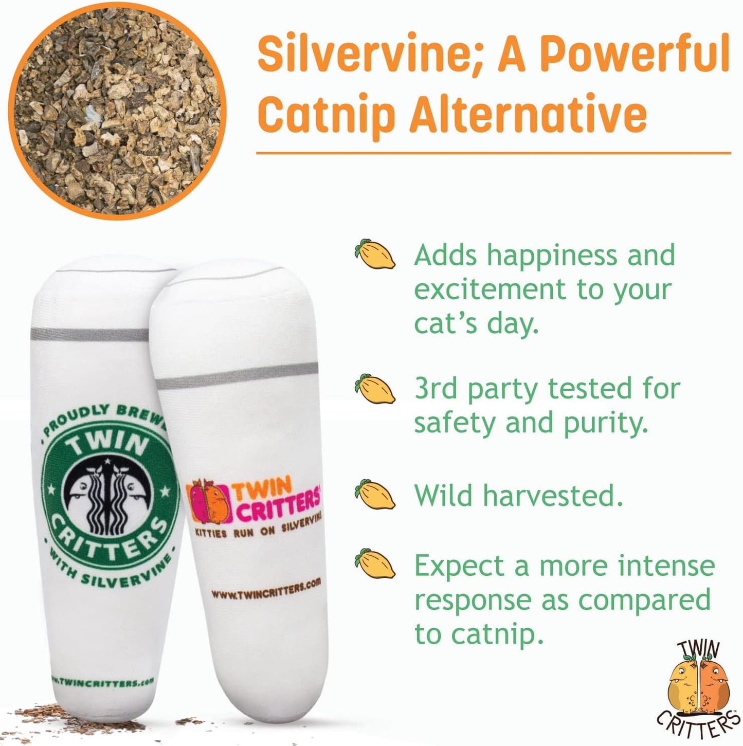 KittiBuzz 2-Pack Organic Silvervine Catnip Substitute Toys for Cats & Kittens | 100% All-Natural Wild Harvested Silvervine | 2 Refillable Coffe Cup Kicker Cat Toys