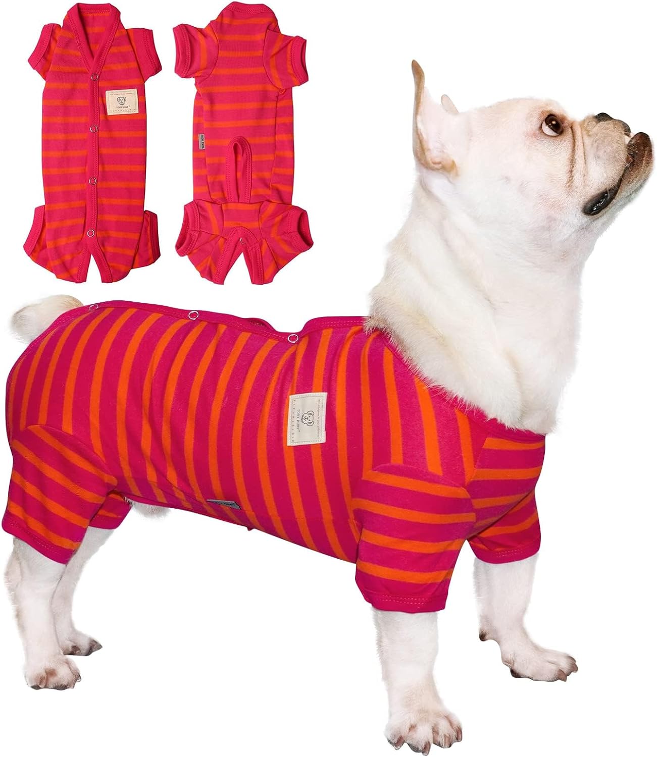 TONY HOBY Female/Male Dog Pajamas, Dog Jumpsuit 4 Legged Pajamas with Stripes, Soft Cotton for Comfortable Sleep (Rose Red&Orange, Boy, L)