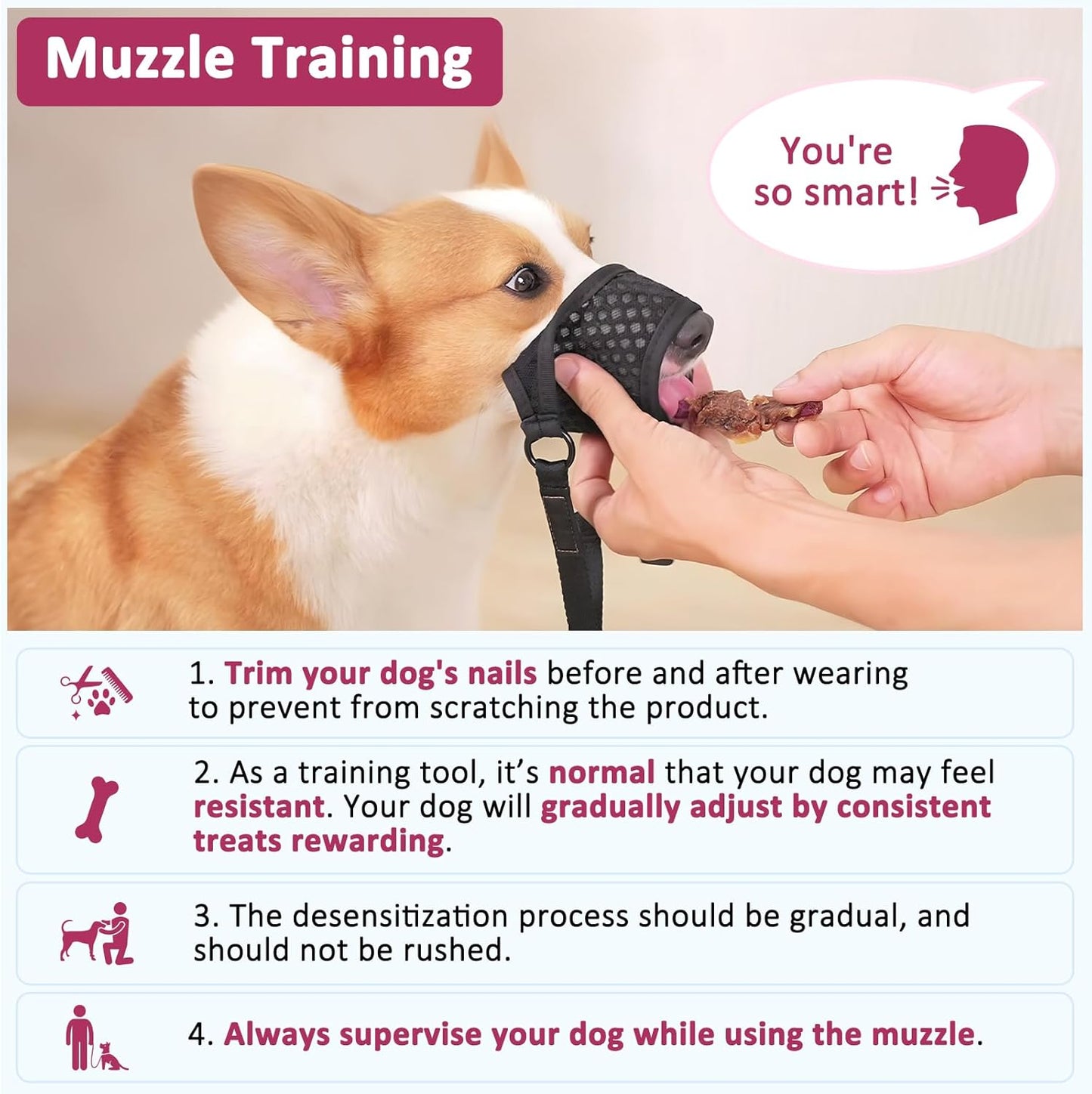 LUCKYPAW Dog Muzzle, Soft Muzzles for Large Medium Small Dogs to Prevent Biting Chewing with Ring and Adjustable Strap for Vet Visit Training (Hot Pink, M)