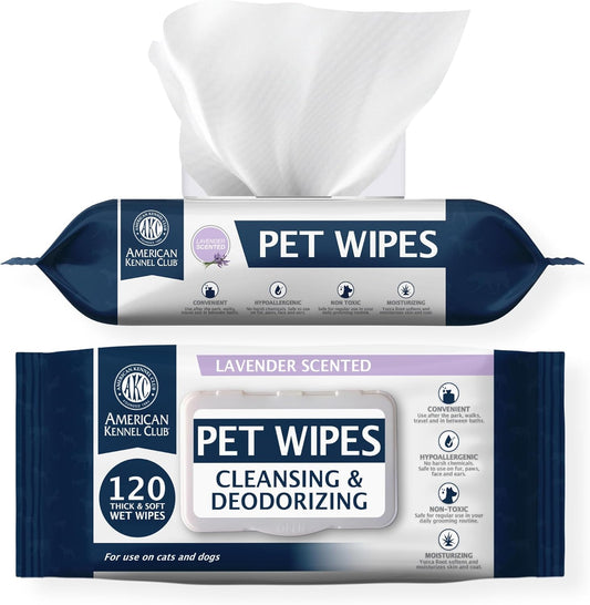 AKC Pet Wipes for Dogs & Cats – Hypoallergenic, Alcohol-Free Wipes for Paws, Face, Ears & Coat – Thick, Gentle Cleaning with Natural Aloe – Available in Lavender, Fresh & Oatmeal Scents