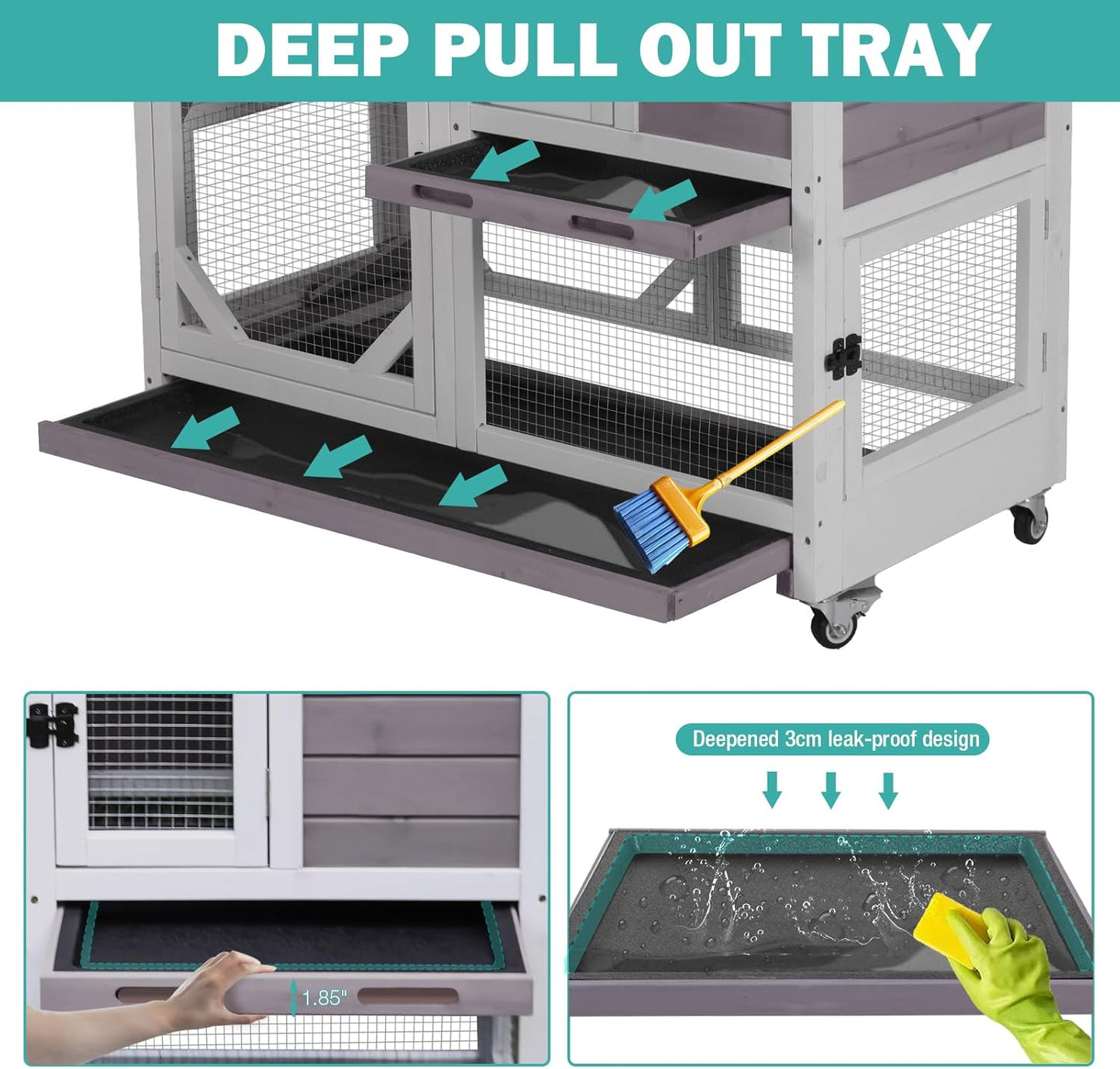 Rabbit Hutch Indoor for 2-4 Rabbits & Guinea Pigs，Bunny Cage with Slide-Out Plastic Trays，Wooden Small Animal Cage for Rabbits, Bunnies, and Guinea Pigs