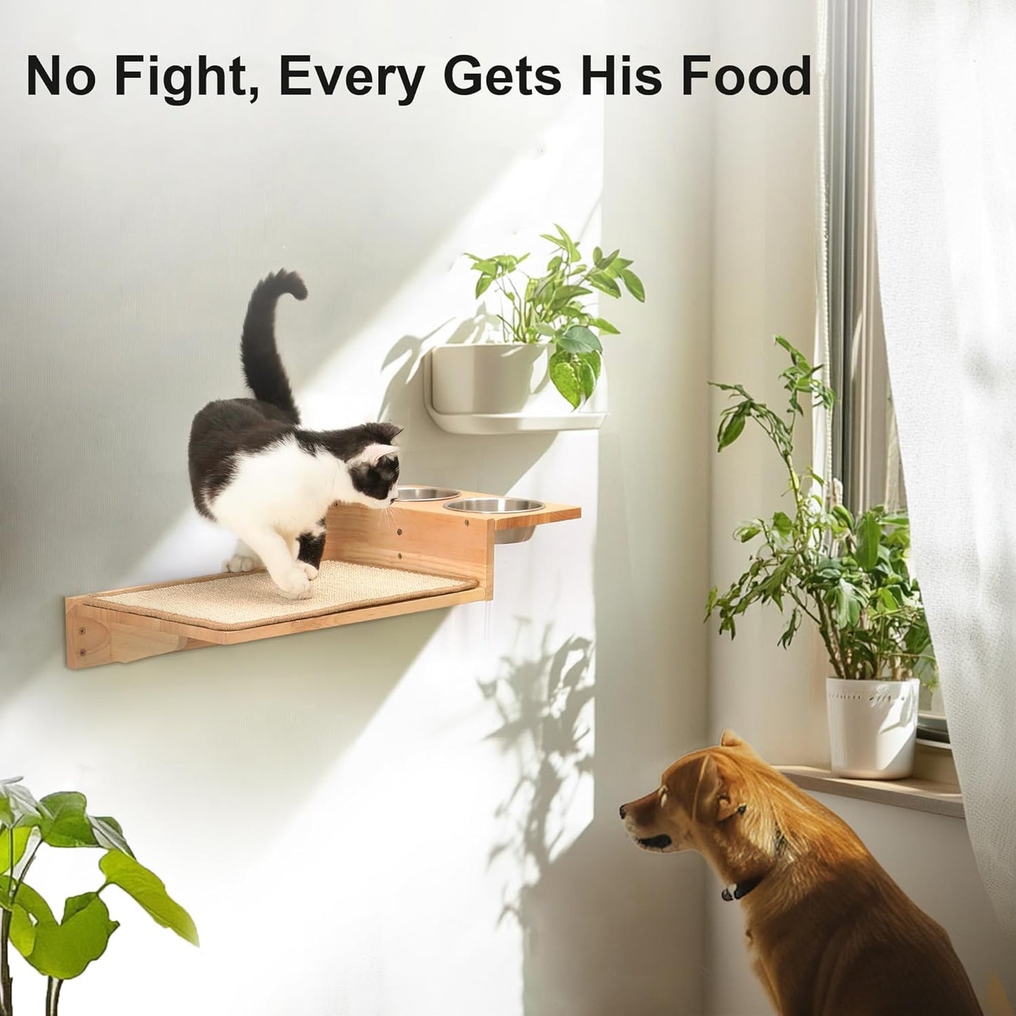 FUKUMARU Cat Wall Shelves, 3 In 1 Cats Walls Furniture Set, Food Station with 2 Steps , Solid Rubber Wood Perch, Suitable for Kitten Play, Nap, Eat, DIY Wall Jungle Gym