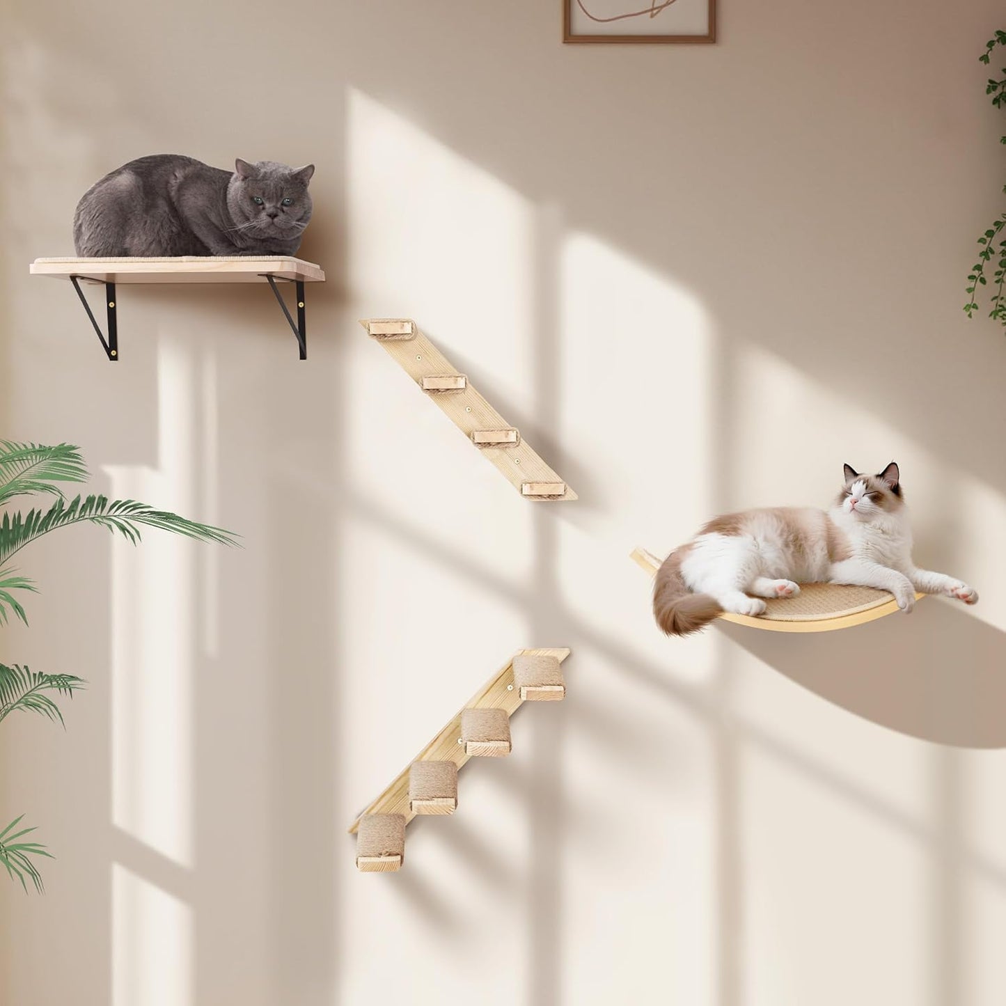 Wall Mounted Cat Shelves Stairs Set, 4 Piece Wood Cats Wall Furniture with Sisal Cat Window Perch, Flat Perch & Dual 4-Step Ladders for Climbing & Scratching