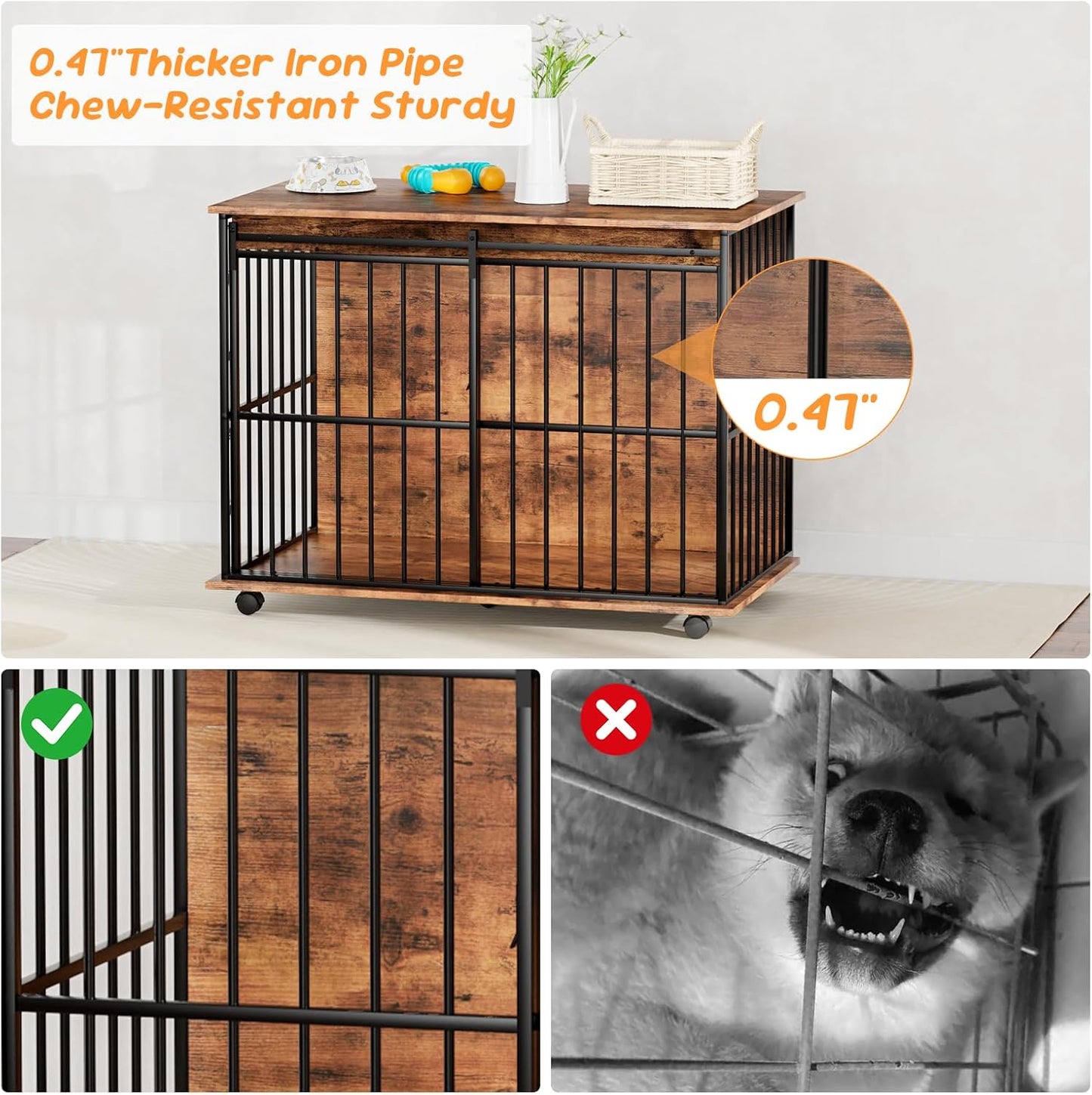 43.7" Dog Crate Furniture, XL Dog Crate Dog Kennel Indoor with Wheels for Large Medium Small Dogs, Wooden Dog Kennel End Table with Sliding Door Wooden Furniture Crates for Living Room, Bedroom