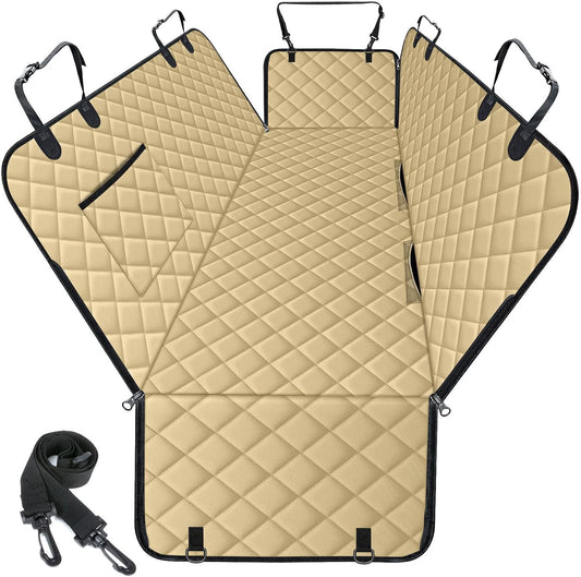 Waterproof Dog Car Seat Cover for Back Seat - Durable, Scratch Proof Pet Hammock with Nonslip Design & Storage Pockets, Fits Cars, SUVs, Trucks - L, Khaki/Black