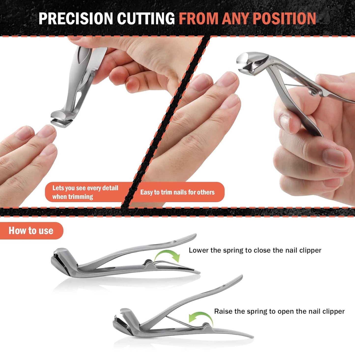 BEZOX Angled Head Nail Clippers for Seniors - Ergonomic Toenail Clipper for Thick Nails, Premium Steel Nail Cutter Trimmer with Catcher for Men and Women - Silver