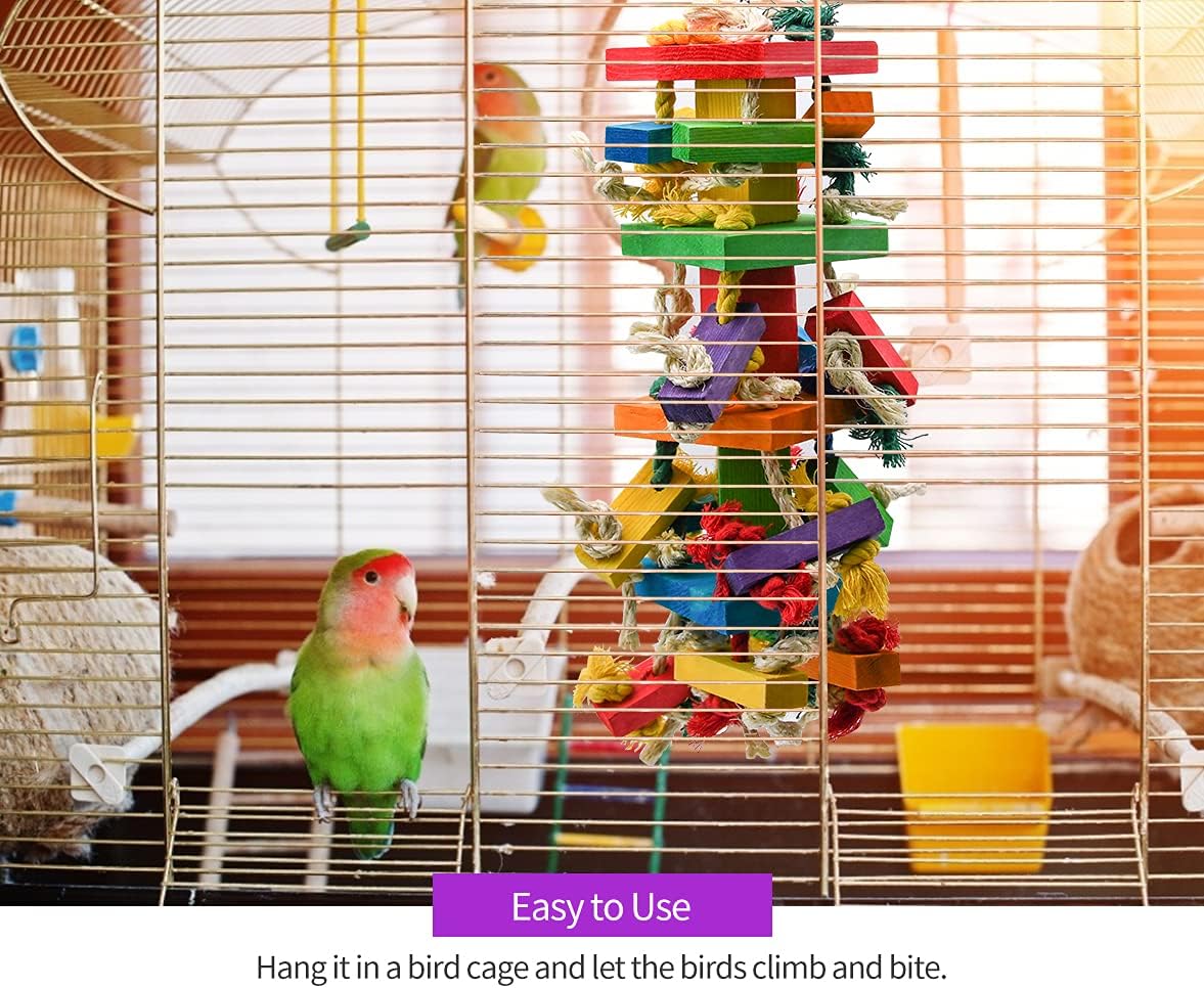 RUBY.Q 3 Pack Large Parrot Toy, 20in Bird Parrot Toy, Multicolor Natural Wooden Bird Chewing Toys for Large Macaws, African Grey and a Variety of Amazon Parrots