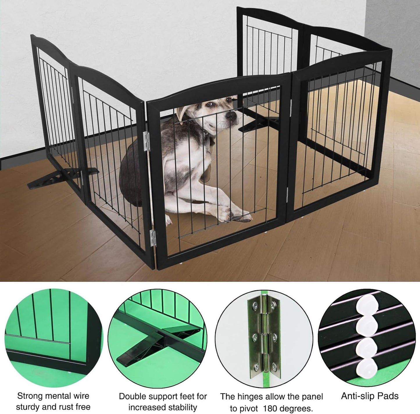 ZJSF Freestanding Dog Fence Indoor, Foldable Dog Gate for Doorways, Stairs or Hallways, Sturdy Wood Extra Wide Pet Gate with Support Feet for The House, Black, 24 "Height-6 Panels