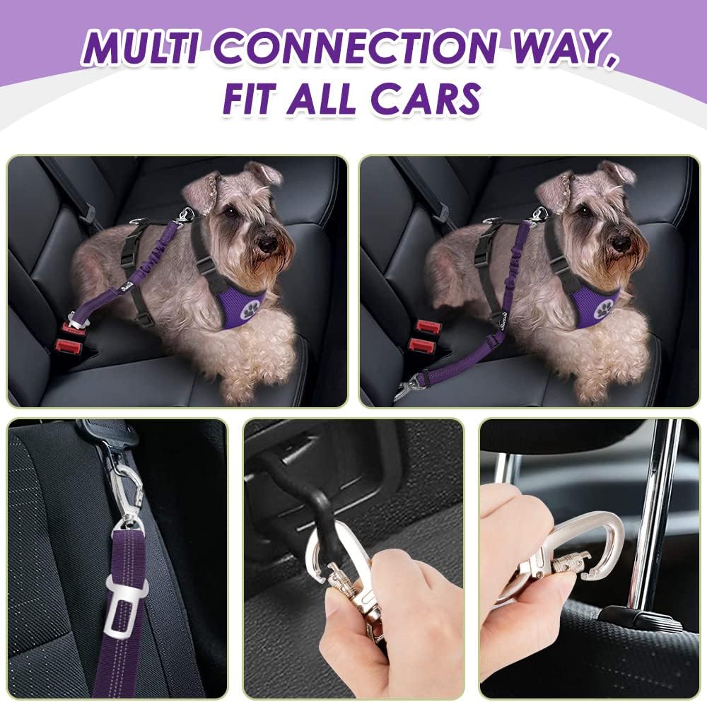 Lukovee Dog Seat Belt for Car, Adjustable Dog Car Harness for Large Medium Small Dogs, Soft Padded & Breathable Mesh Dog Seatbelt with Car Strap and Carabiner(Purple Double Clip,XX-Small)