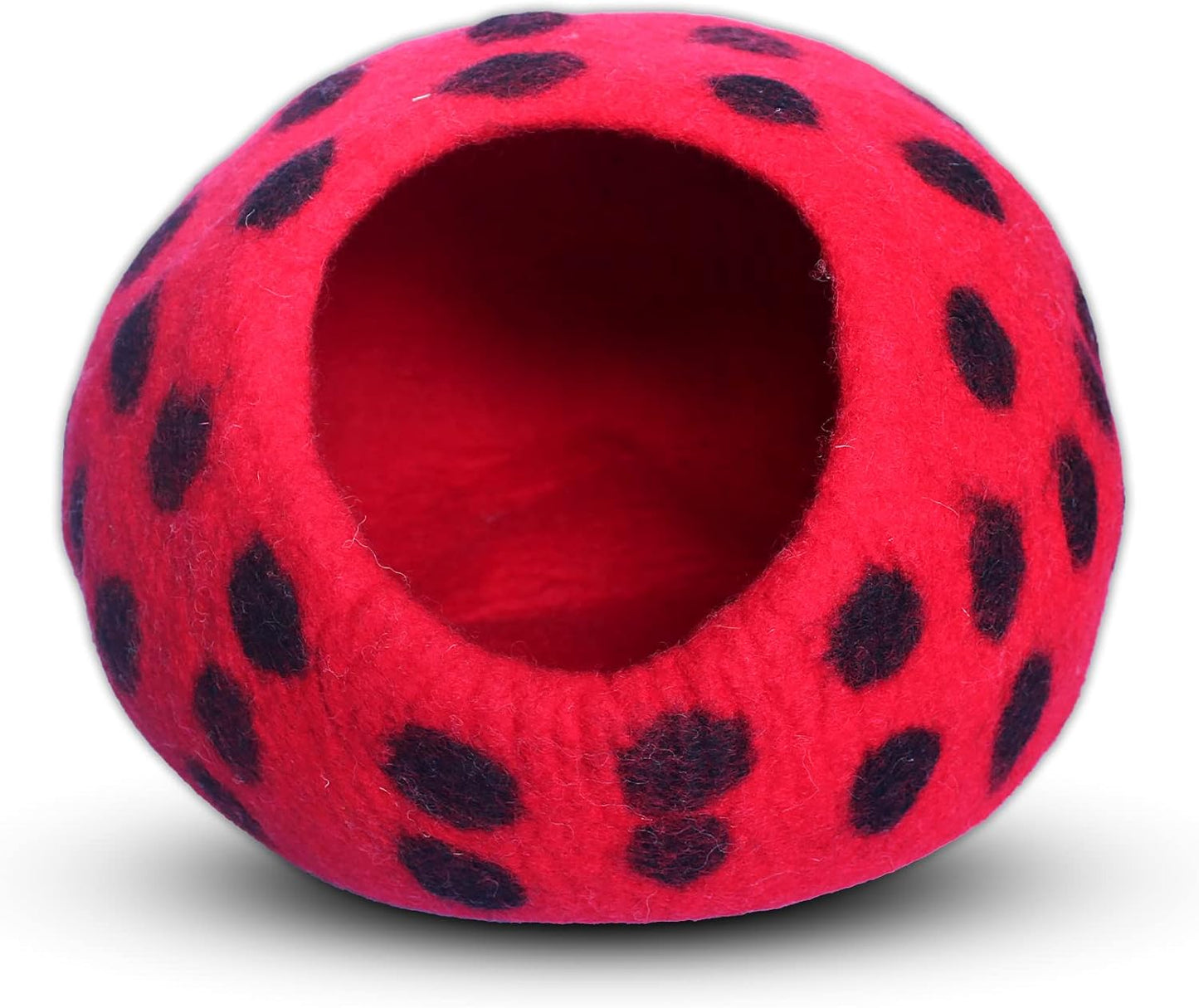 Woolygon Premium Felt Cat Cave Bed - Polka Dot Series - Wool Kitty Beds Handcrafted Kitten Caves Bed for Indoor Cats - Eco-Friendly Merino Wool, Foldable Cat Hideaway Cat Houses (Red/Black Dots)