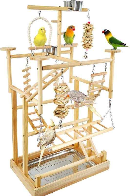 Bird Playground - Natural Wood Parrot Playstand with Perches, Bird Play Gym & Accessories, Removable Tray & 4 Stainless Steel Cups
