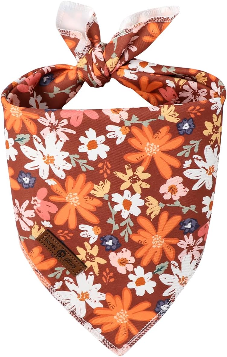 Lionet Paws Fall Dog Bandana Washable Cotton Brown Handkerchief Scarf Triangle Floral Oxalis Bandana for Small Medium Dogs Girl Boy