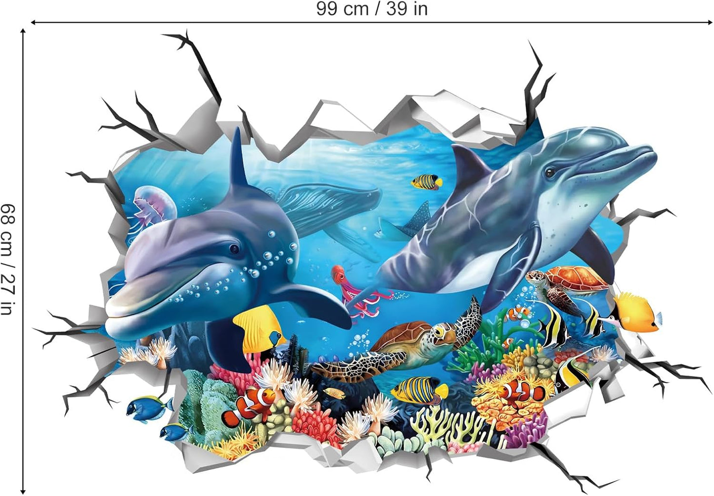 decalmile 3D Under The Sea Dolphin Fish Wall Decals Ocean Turtle Seaweed Broken Wall Stickers Boys Bedroom Living Room Bathroom Wall Decor