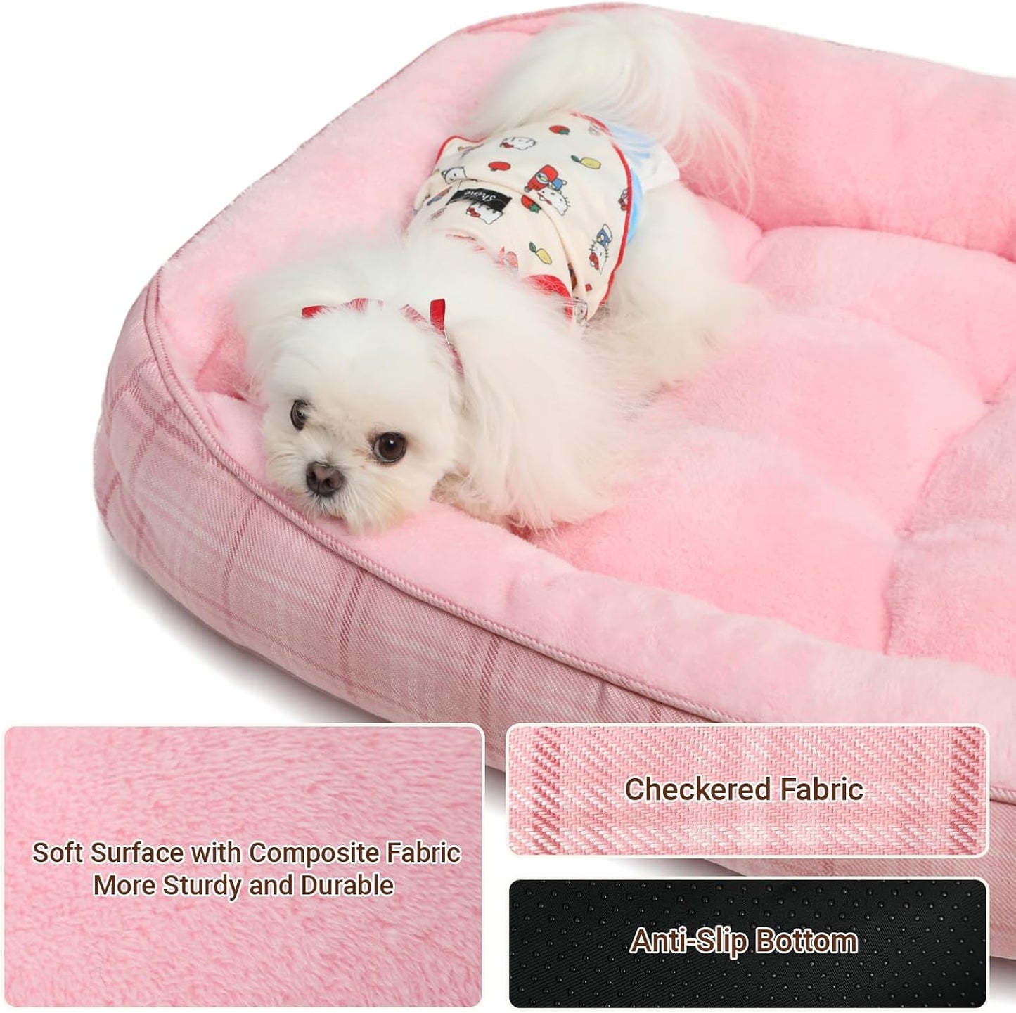 MIHIKK Rectangle Dog Beds for Small Medium Dogs & Cats, Orthopedic Sleeping Pet Bed for Couch with Durable Puppy Cuddler and Anti-Slip Bottom Machine Washable 25 * 21 Inch (Pink)