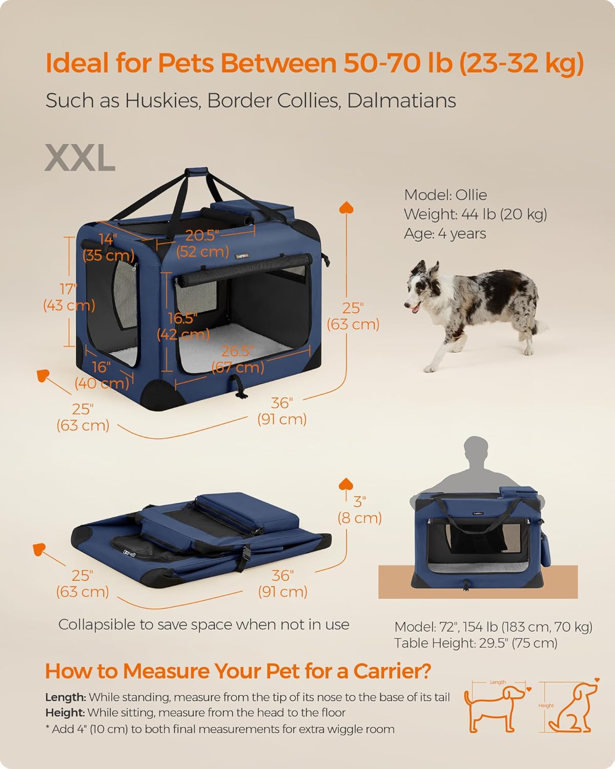 Feandrea 36 Inches Collapsible Soft Dog Crate, Portable Travel Dog Crate for Indoor and Outdoor Use, Dog Carrier Kennel with Safety Zippers, for Living Room, Car, Travelling, Campin, Dark Blue UPDC90Z