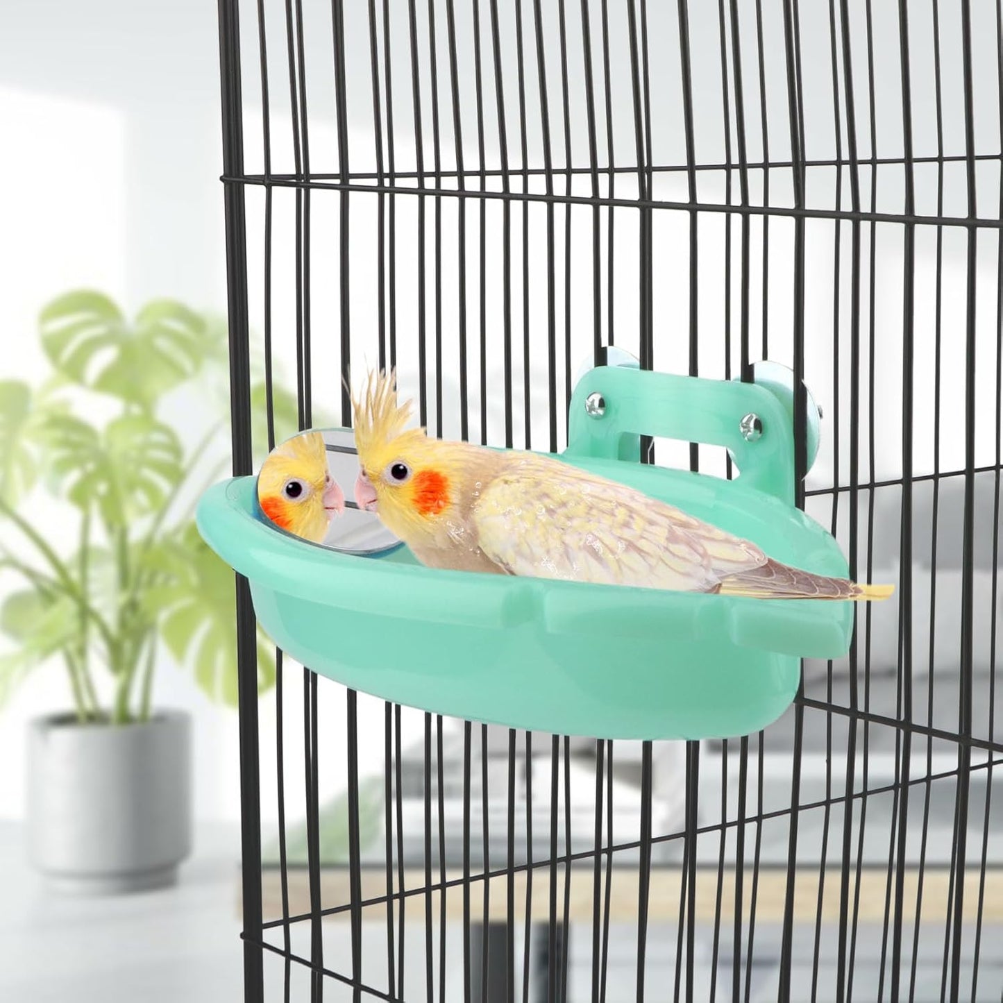 Wontee Bird Bath Box with Mirror Portable Parrot Hanging Bathroom Bathing Tub for Small Birds Cleaning Supplies (Blue(B)+Green)