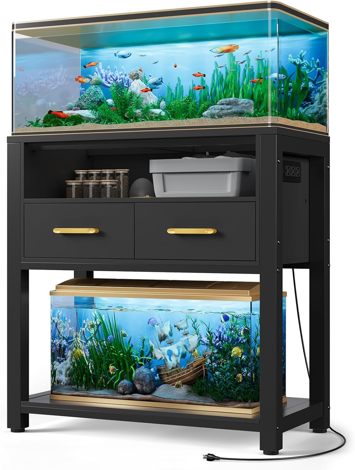20-29 Gallon Aquarium Stand with Stable Metal Frame & Power Outlet, Heavy-Duty Fish Tank Stand with Waterproof Mat, 550LBS Capacity Storage Cabinet, Black