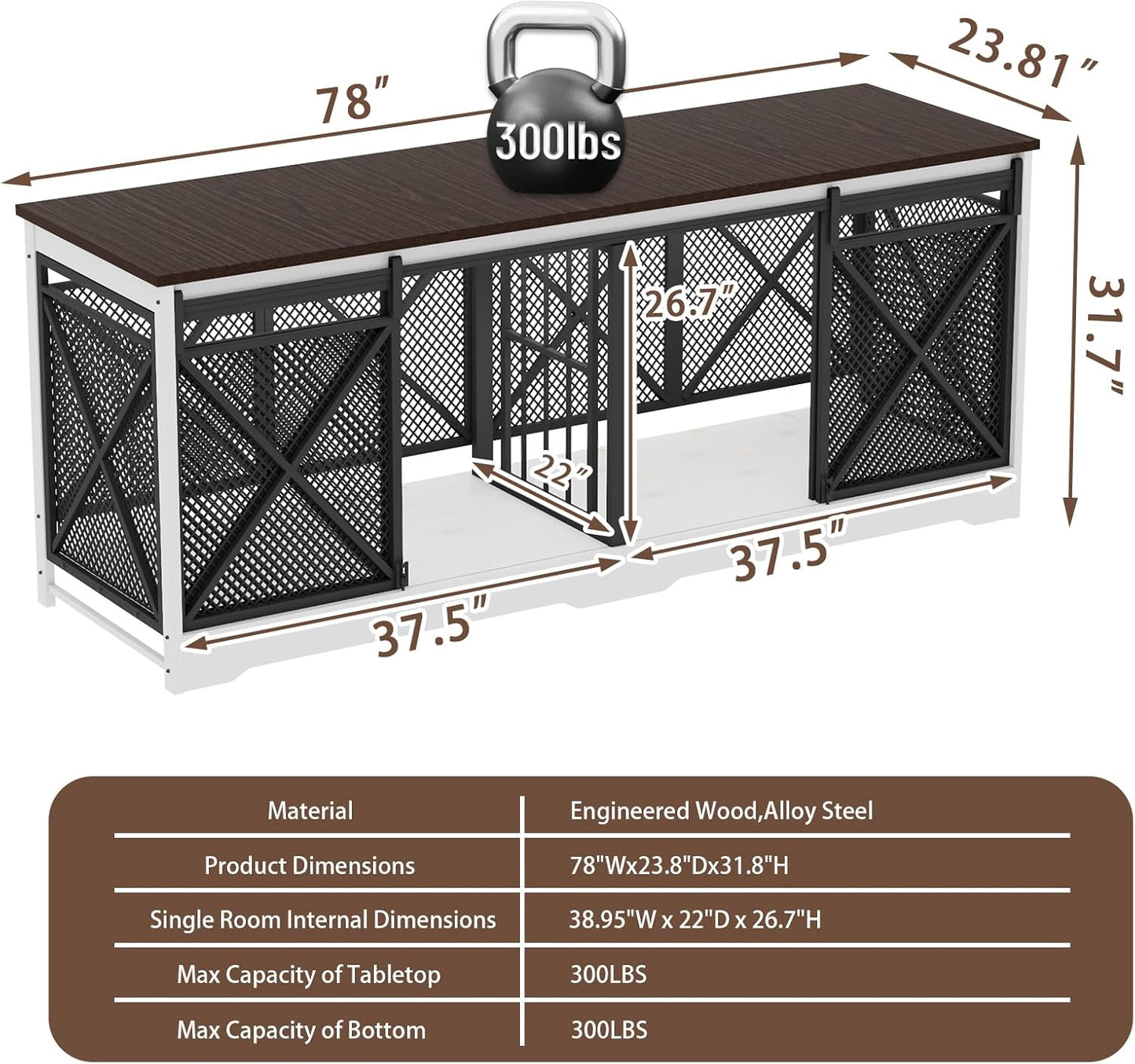 COZPAW 78 Inch Double Dog Crate Furniture, Extra Large Dog Kennel Indoor for Medium Large 2 Dogs, Heavy Duty Dog Cage Chew-Resistant Steel and Wooden Pet House with Removable Divider (White Brown)