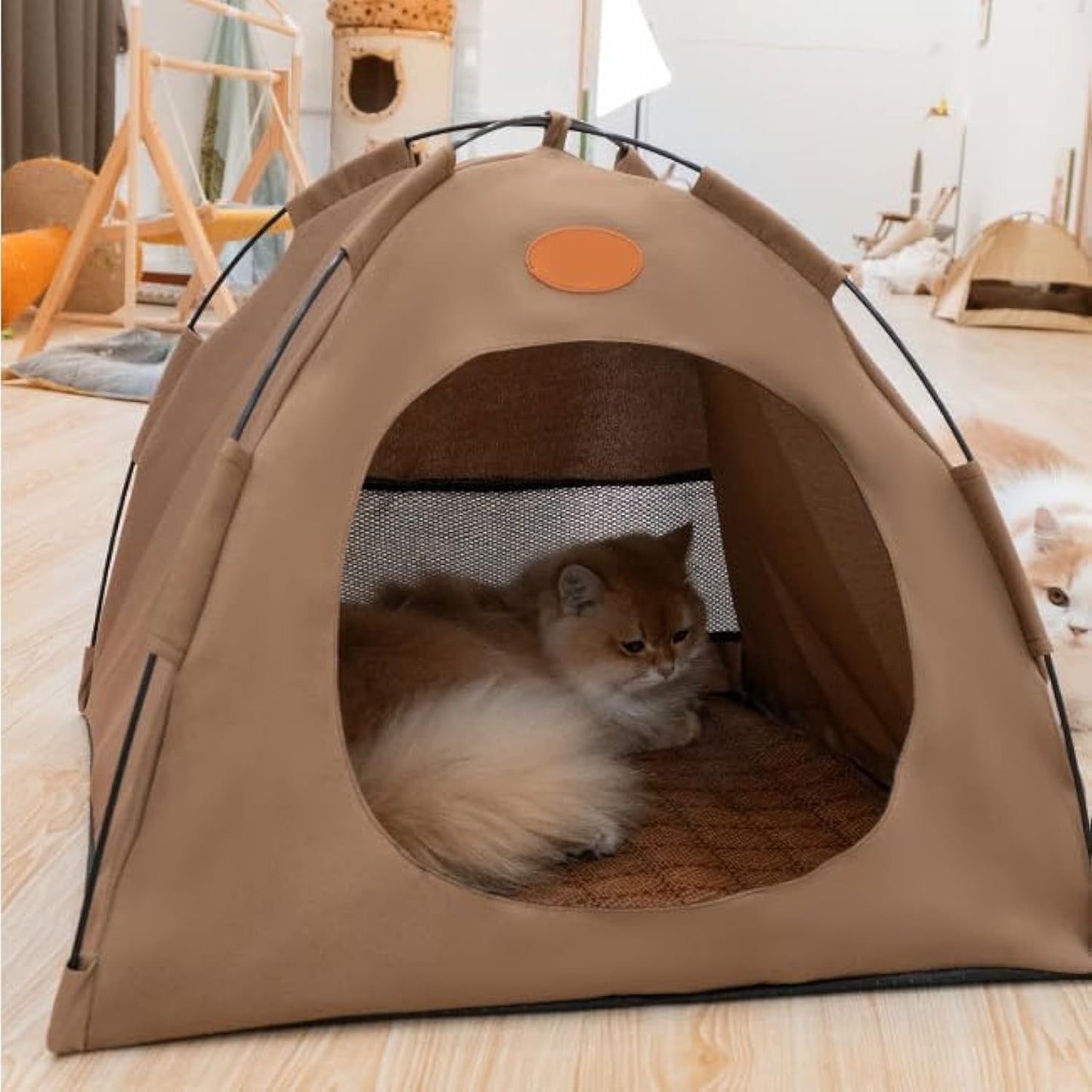 BreezyDen Pop-Up Pet Tent – Portable Indoor/Outdoor Cat Tent, Waterproof Pet Hideaway for Cats & Small Dogs with Mesh Window, Anti-Slip Base & Washable Design (Coffee, S (4 catties Kitten))