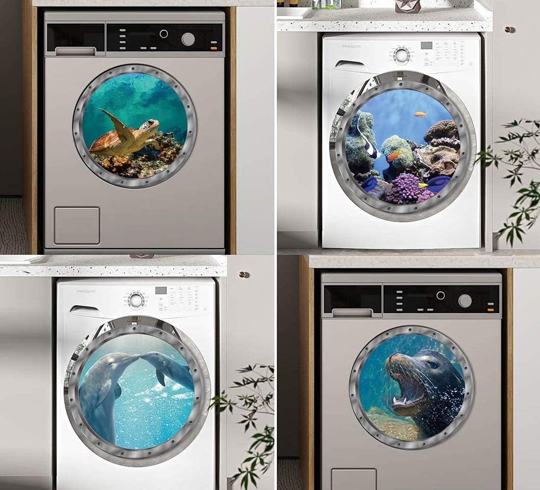 4 PCS Removable 3D Under The Sea Nature Scenery Wall Decals - Animals Wall Sticker Home Wall Art Decor for Bathroom Bedroom Door Kids Baby Nursery Room - Includes Turtles, Dolphins, Sea Lions, Coral