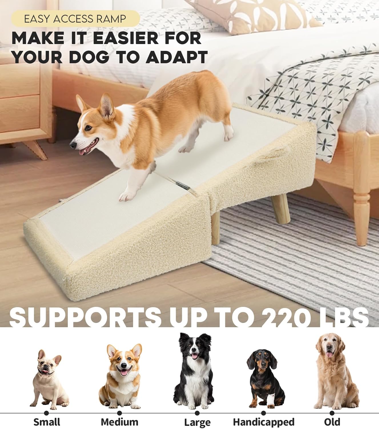 Dog Stairs for Small Dogs and Cats – 2-in-1 Dog Ramp for Bed and Couch, 16.5'' Foldable Wooden Pet Steps, Sturdy Multi-Use Split Ottoman Design, Beige