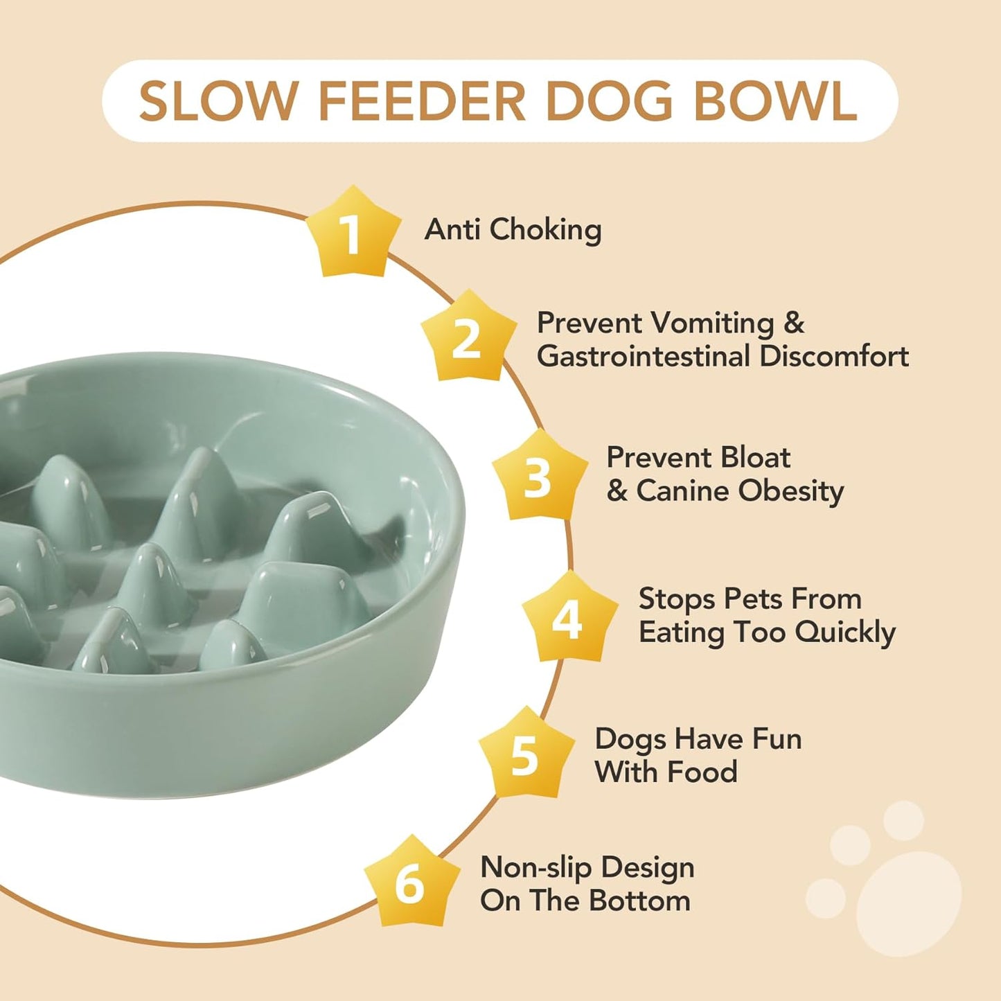 Ceramic 7.3 inch Dog Bowl Slow Feeder, Slow Pet Food Dish for Medium and Small Dog, Stop Bloat, Preventing Choking(Single Bowl, Light Green)