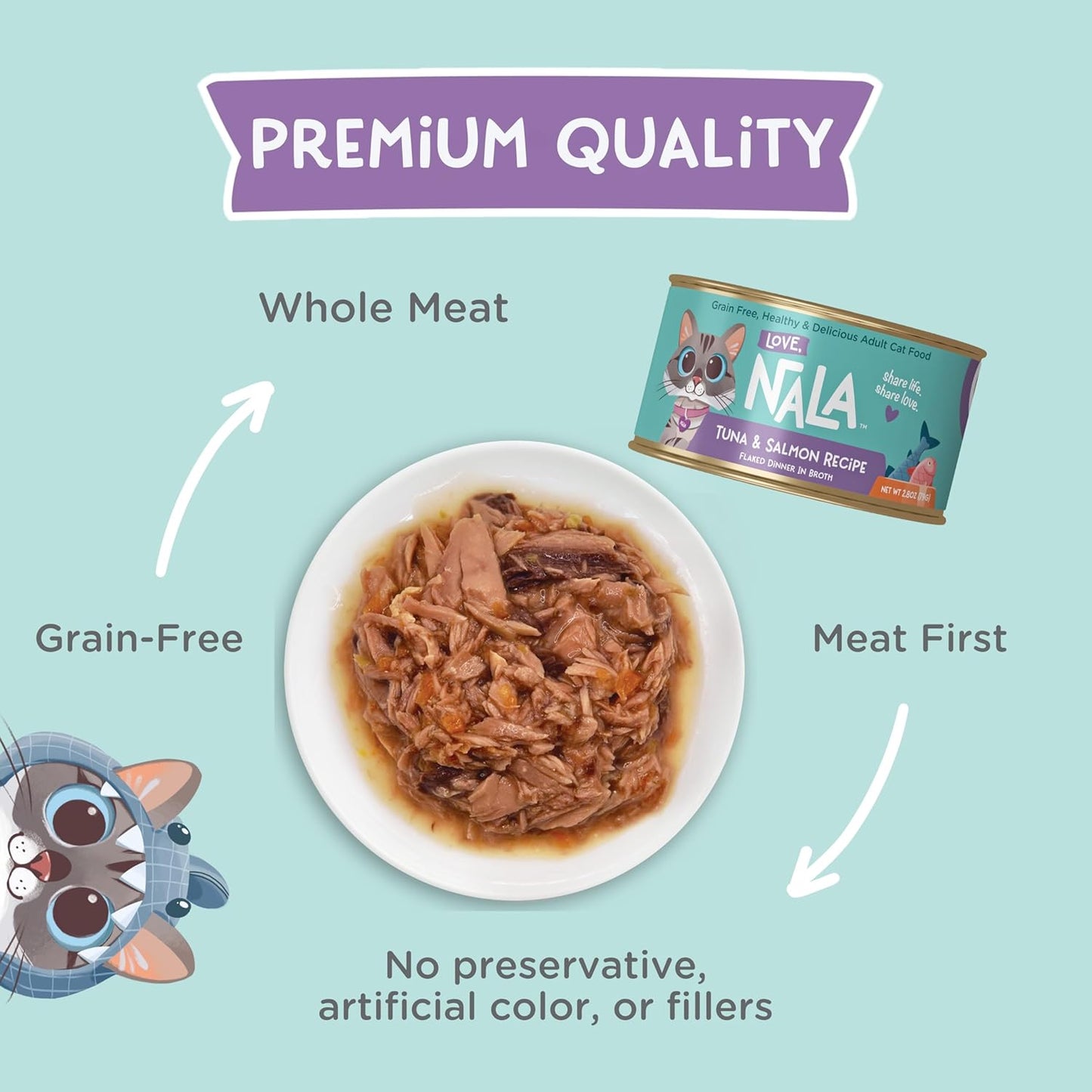 LOVE, NALA - Natural Adult Cat Wet Food - FLAKED Tuna and Salmon in Broth- Grain Free, Non-GMO, Lean Protein, Omega 3, Added Minerals & Vitamins - 12 Pack 2.4 lbs.