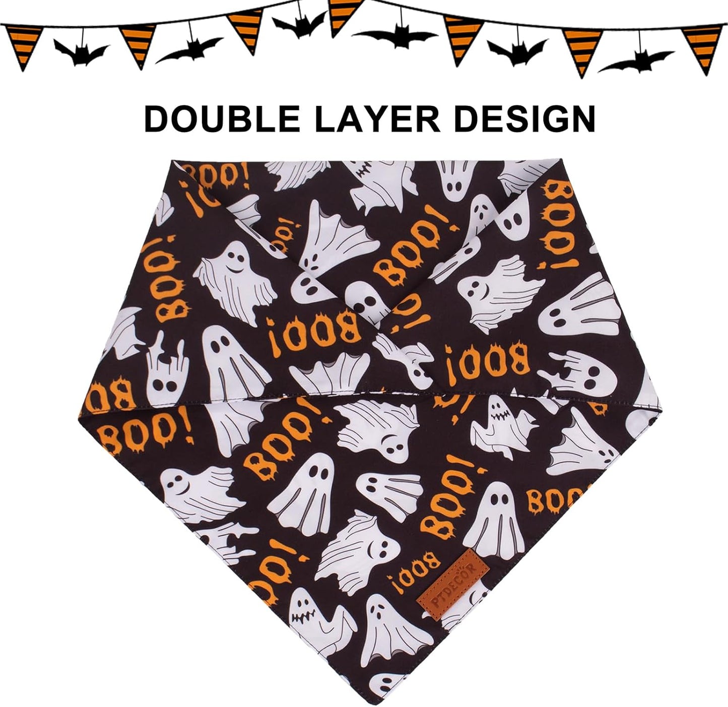 PTDECOR Halloween Dog Bandana, Reversible Holiday Pet Scarf, Multi Size, Triangle Puppy Halloween Bandanas for Extra Large Dogs Pets (Black & Orange, X-Large)