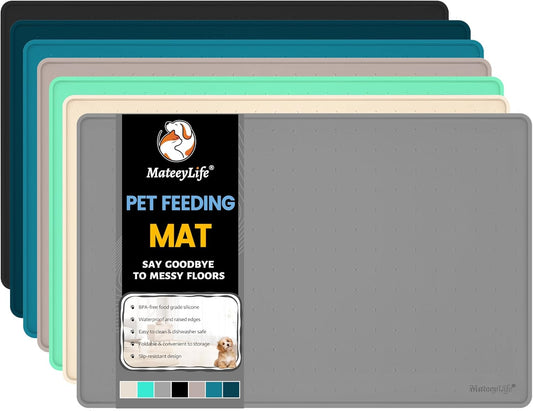 MateeyLife Dog & Cat Food Water Mat for Floors Waterproof, Nonslip Pets Bowl Feeding Mats with Raised Edges, Silicone Matt Tray for Messy Drinkers, 24"x16", Grey