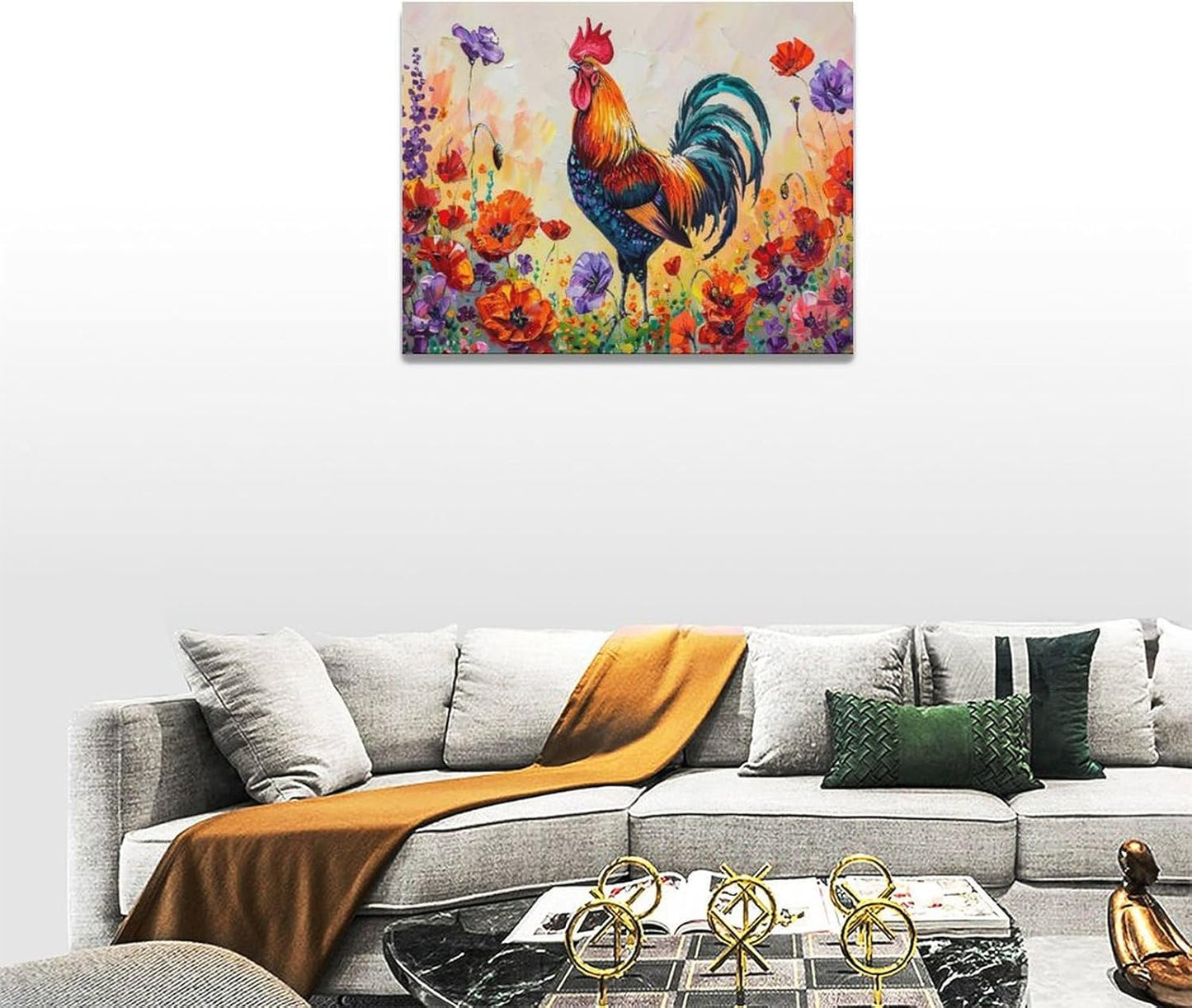 Rooster Wall Art Flower Poppy Canvas Living Room Pictures Framed Prints Colorful Floral Large Wall Decor Animal Painting Artwork for Bedroom Dining Home 16"x12"