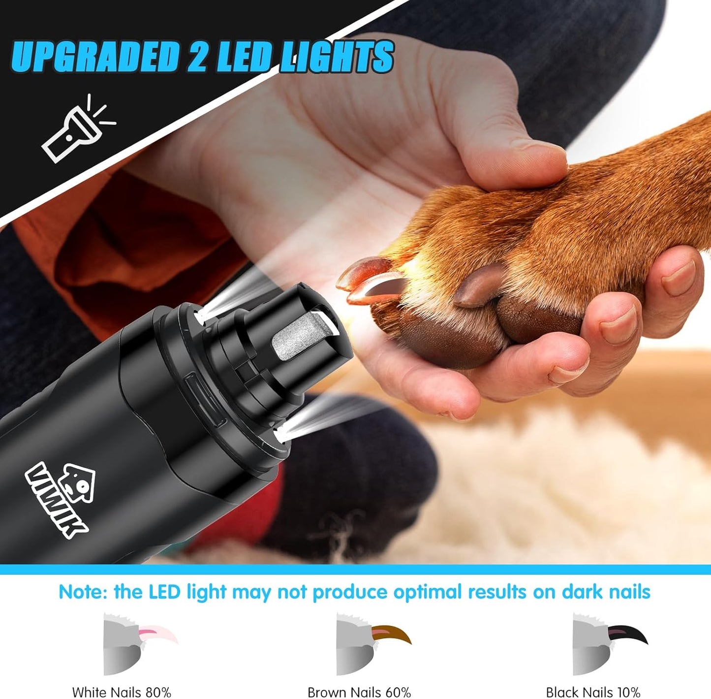 VIWIK Dog Nail Grinder, Dog Nail Trimmers for Large Medium Small Dogs & Cats, Super Quiet Electric Pet Nail Clippers Kit with Light, 2-Speed USB Rechargeable Pet Paws Grooming Tool Black