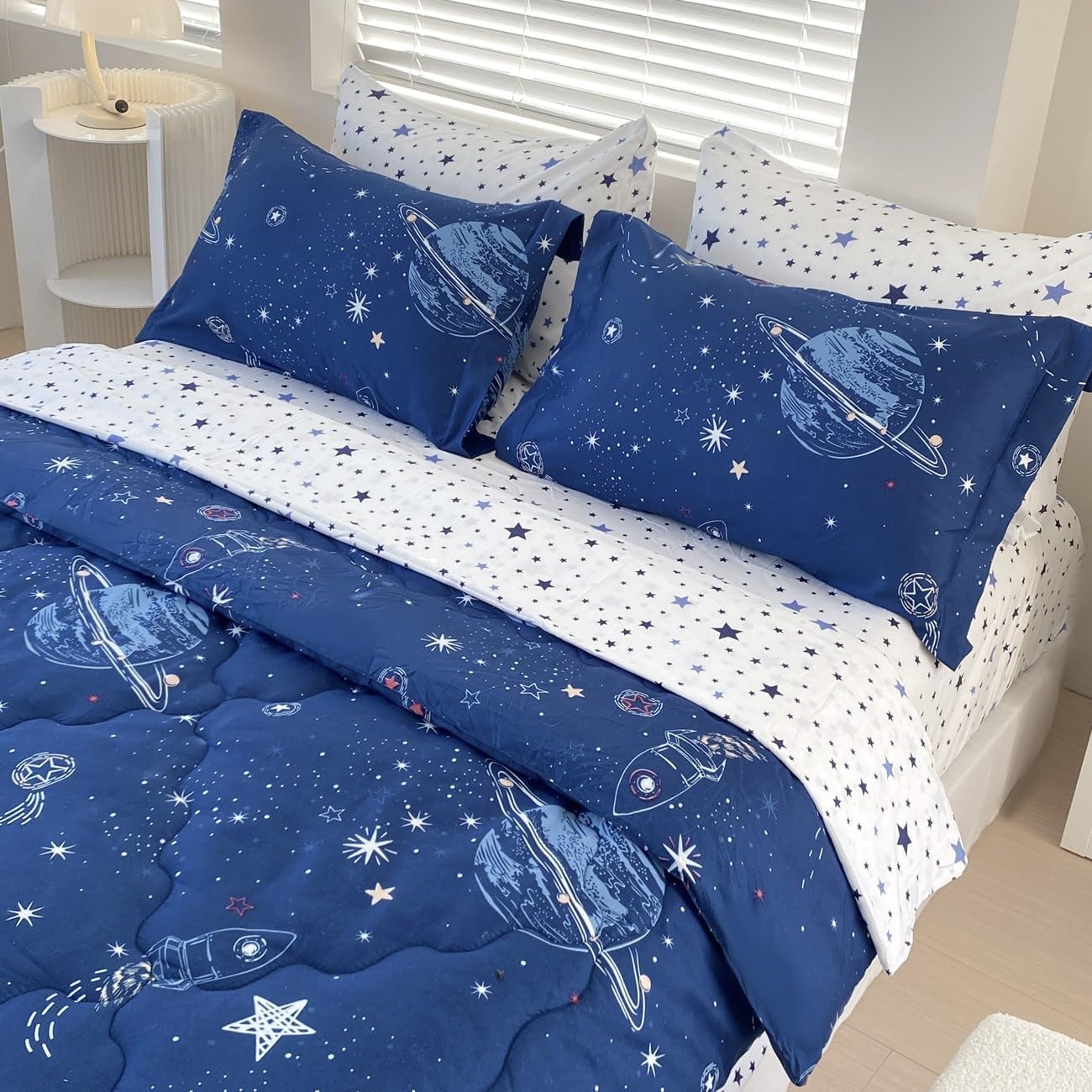 7 Piece Boys Space Comforter Set Full Size Bed in A Bag Star Rocket Galaxy Universe Planets Bedding Set for Kids Teens Girls Microfiber Blue Quilt All Season