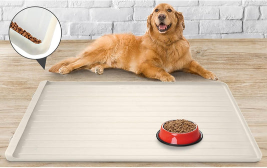 Dog Mat for Food and Water - 39.4" x 27" Large Pet Feeding Mats with Residue Collection Pocket - Waterproof Dog Cat Bowl Mat with High Edges to Prevent Water and Food Spills (Cream)