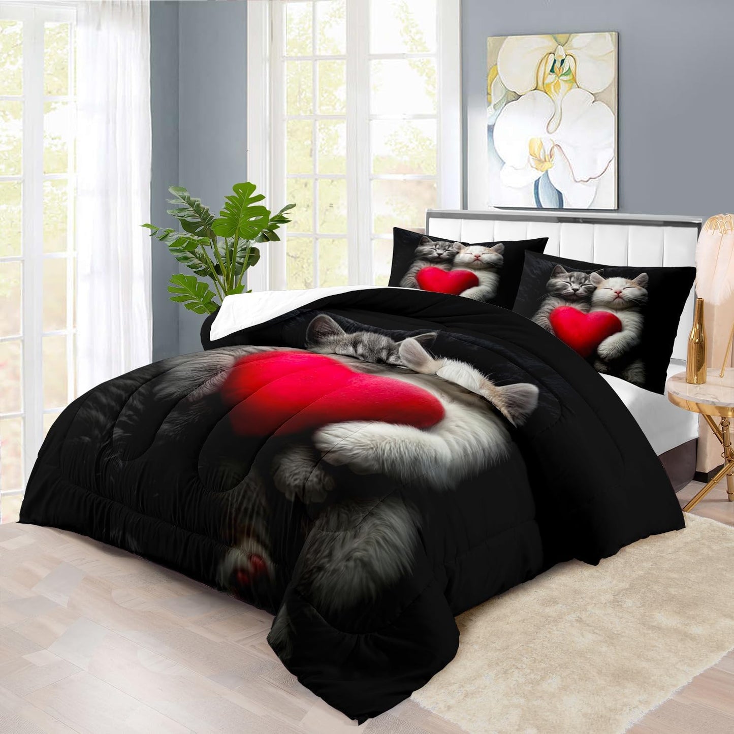 Cute Cat Comforter Set Queen,Kawaii Cat Bedding Set for Girls,Cute Animal Comforter Red Love Heart Bedding Decor,Kawaii Farm Animal Quilt Patterns Kids and Adults