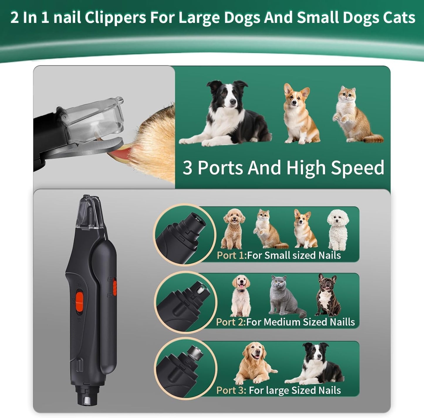 Dog Nail Clippers & Cat Nail Clipper With Catcher, 2 In 1 Dog Nail Trimmers & Grinder With Light for Large Small Dogs Cats,Silent Groom Pro Claw Trimmer, Rechargeable Dogs Nails Grinder Quiet