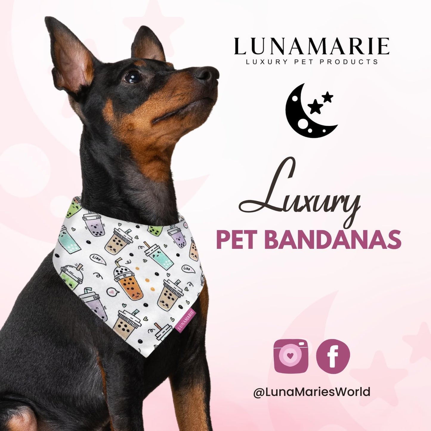 LunaMarie - Luxury Pet Birthday Bandanas -Premium & Silky Poly Fabric | 100% Handmade | Custom Shape Dual Layered (Boba, Large)