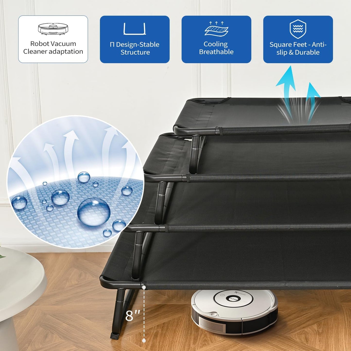 Cooling Elevated Dog Bed, Raised Outdoor Dog Bed Waterproof Pet Beds Cots Stable and Easy Assembly, Teslin Fabric with 1.2mm Thick Iron Frame, Breathable, Ultra-Sturdy，Black,32 * 25.2 * 7.1