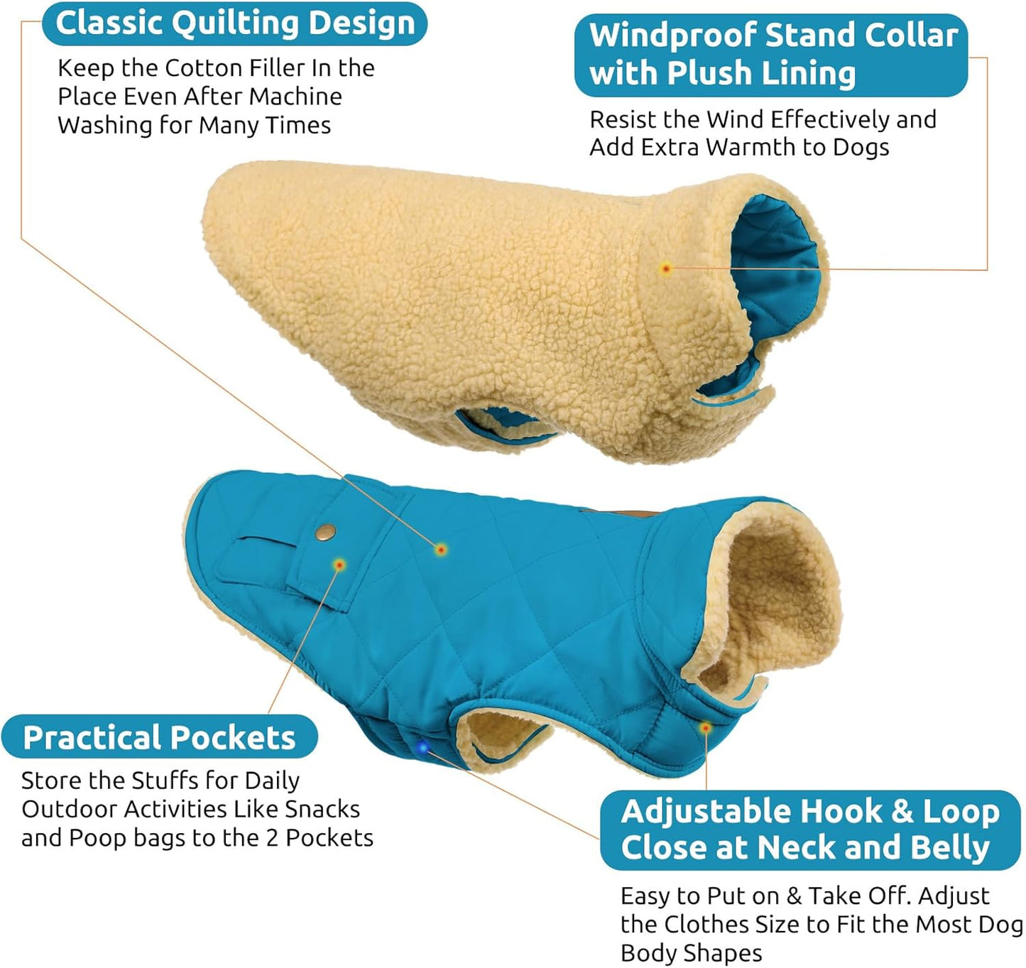 Queenmore Dog Winter Coat Warm Puffer Jacket Waterproof Plush Lining Thermal Cold Weather Vest for Small Medium Large Dogs, Windproof Easy On Pet Jacket Blue XS