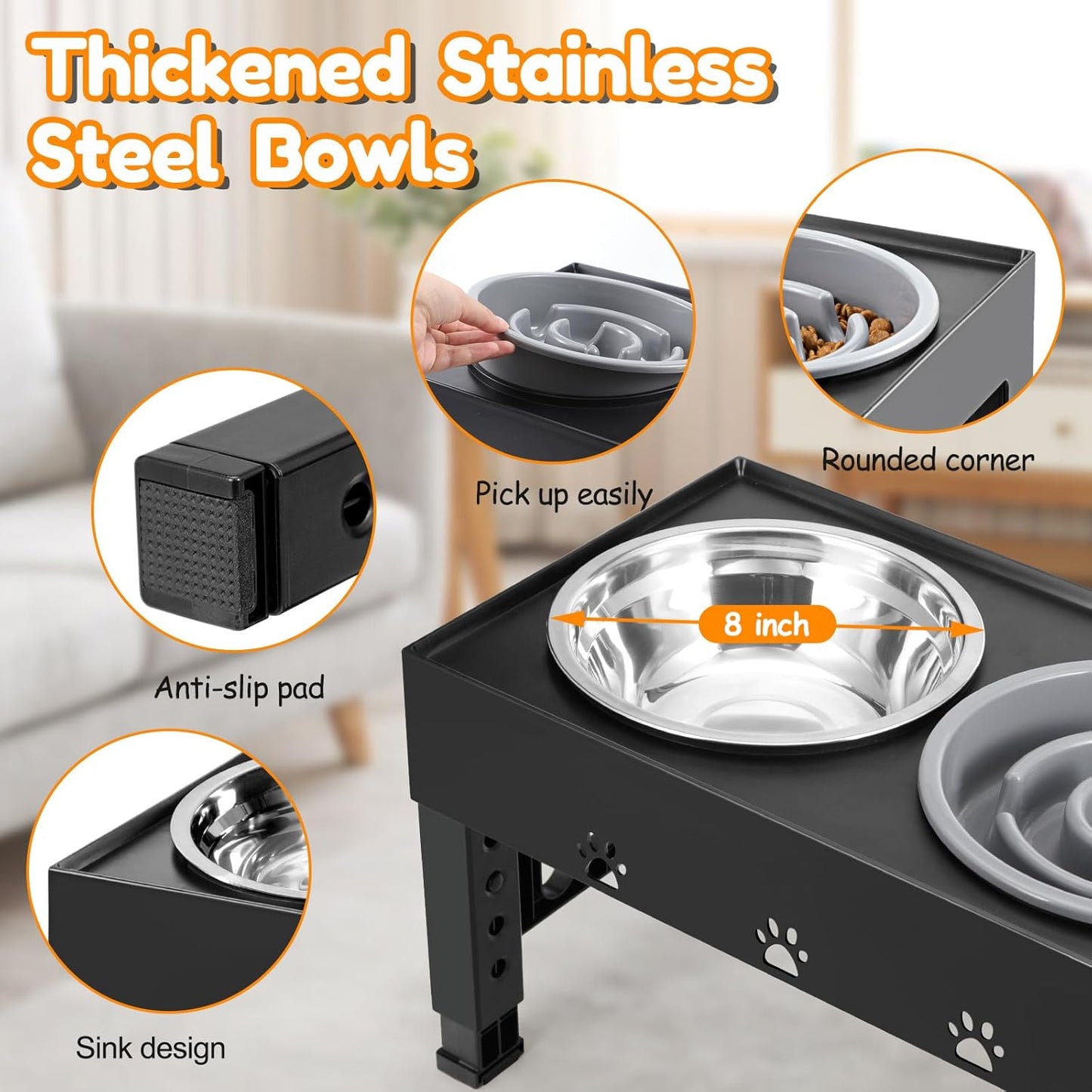 Elevated Dog Bowls with Slow Feeder and 2 Stainless Steel Bowls, Raised Dog Food Bowl Stand 5 Heights Adjustable (3.1", 9", 10", 11", 12" Tall) Non-Slip Feeder for Medium Large Dogs