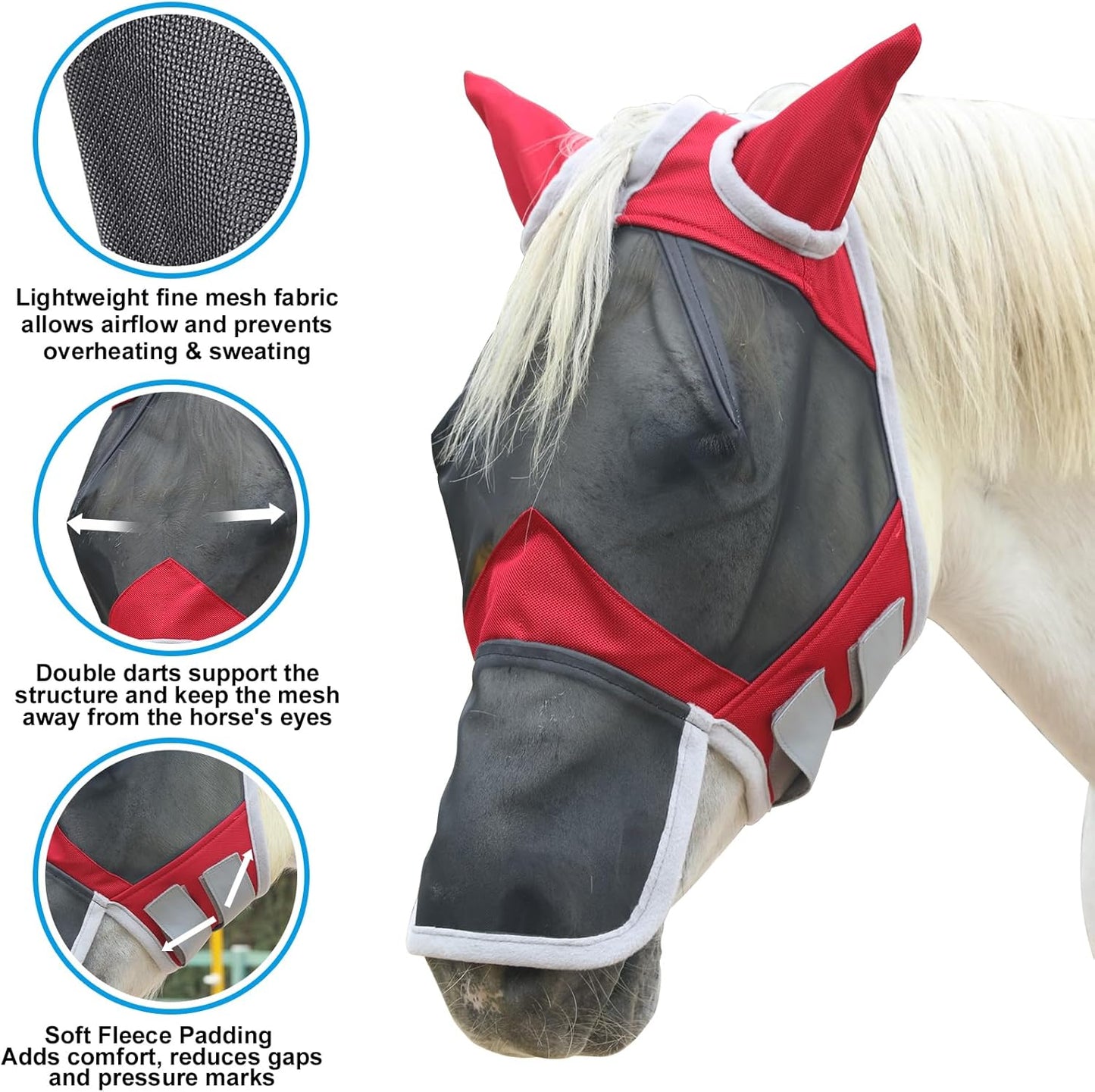 Horse Fly Mask with Ears & Long Nose Cover | Forelock Opening for Tangle-Free Mane Care | UV Protection & Breathable Mesh | No Rub Fit and Enhanced Visbility for Trail Riding Red Full