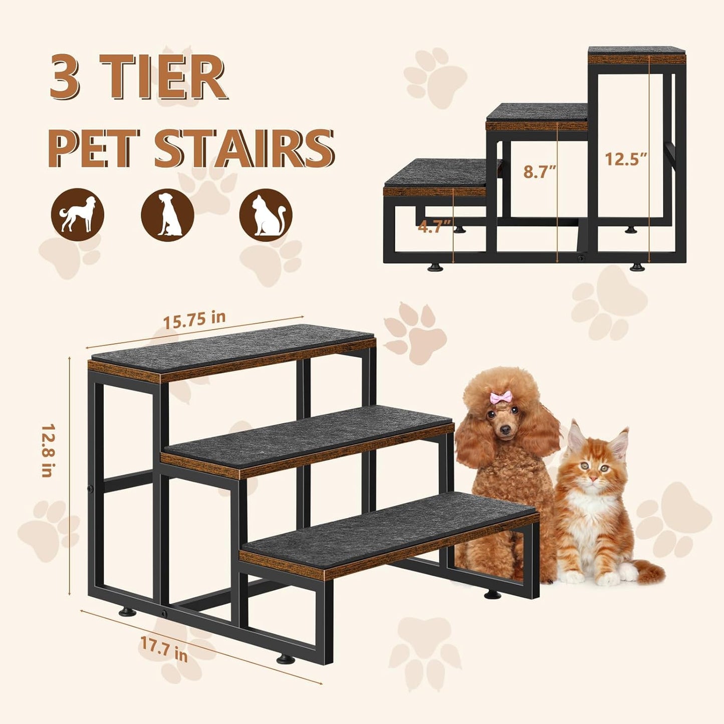 Dog Stairs for Small Dogs 3 Steps Pet Stairs Dog Stairs Steps for Couches High Beds, Non-Slip Indoor Dog Ramp, Holds Up to 100lbs