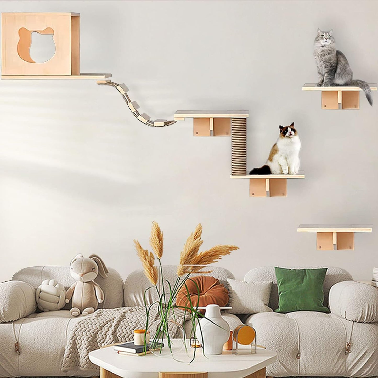 Cat Wall Shelves and Furniture Set with Condos, Perches, Bridge Ladders, Sisal Scratching Posts - Steps and Houses for Cats (A)