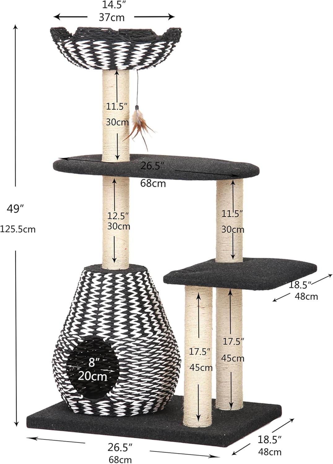 PetPals Ace 4-Level Multi-Activity Cat Tree with Handwoven Recycled Paper Rope Condo and Top Nest Bed, Replaceable Sisal Scratching Posts, Feather Teaser Toy, Black & White