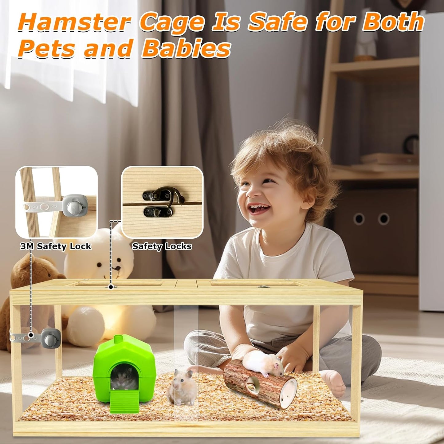 Large Hamster Cage 48", Front Opening Lockable Sliding Door Gerbil Cage, Dwarf Hamster Cage with Metal Mesh Roof, Chewproof Syrian Hamster Habitat Enclosure, (Wooden, 48" L x 20" W x 20" H)