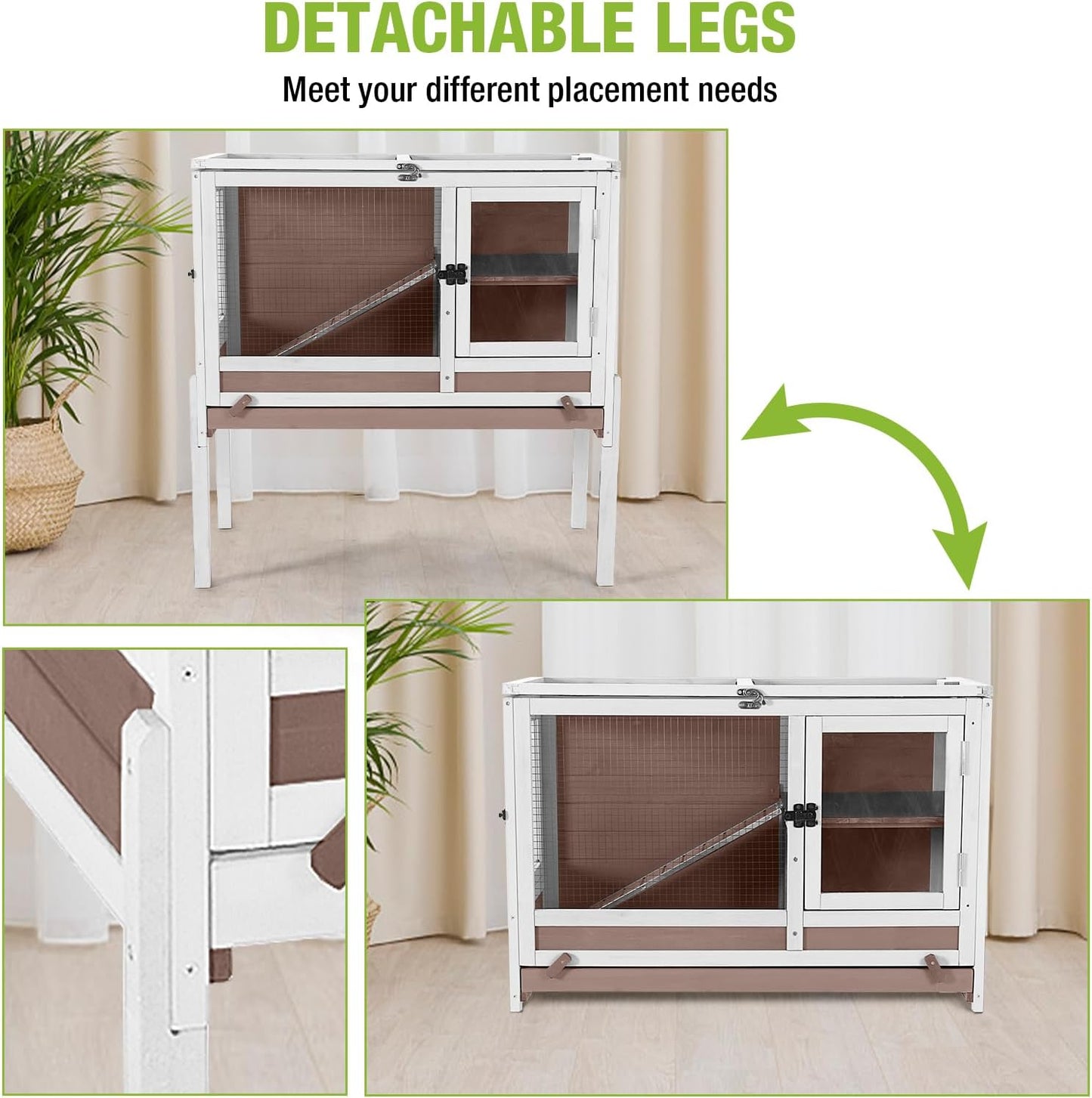 GUTINNEEN Rabbit Hutch Bunny House, 36.6" L Rabbit Cage with Anti Chewing Ramp, Guinea Pig Cage with Cooling Galvanized Sheet, Detachable Legs(Brown)